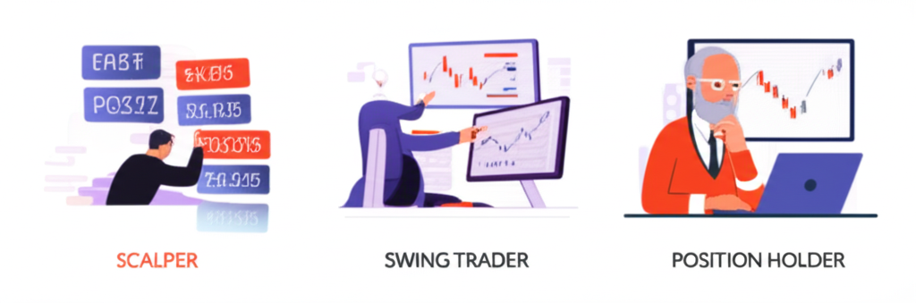 ภาพประกอบแสดงรูปแบบการเทรดที่หลากหลาย เช่น Scalper ที่รวดเร็ว Swing Trader ที่สงบ และ Position Holder ระยะยาว