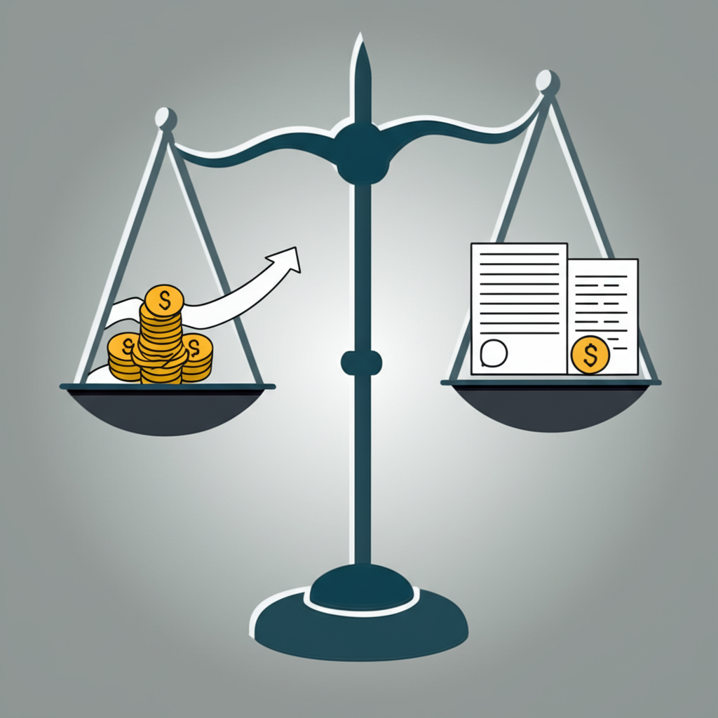 ภาพประกอบนักลงทุนชั่งน้ำหนักระหว่างค่าธรรมเนียมโบรกเกอร์กับผลตอบแทนการลงทุนด้วยตาชั่ง