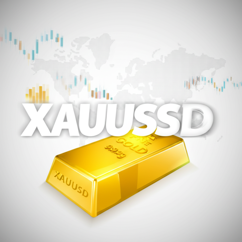 ก้อนทองคำพร้อมสัญลักษณ์ XAUUSD ล้อมรอบด้วยแผนที่โลกและกราฟการเงินที่แสดงตลาดสากล