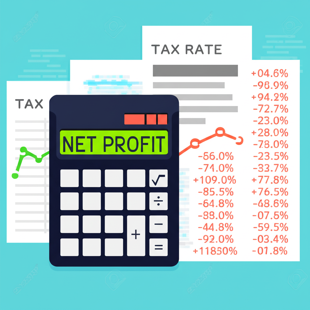 an illustration of a calculator showing net profit with charts and tax rate tables in the background