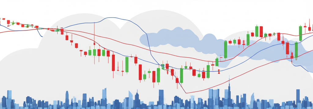 ภาพประกอบกราฟ Ichimoku Cloud พร้อมเส้นและก้อนเมฆเหนือภาพเมืองที่แทนตลาดการเงิน