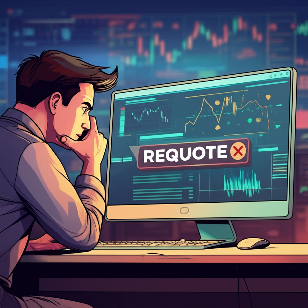 Illustration of frustrated forex trader seeing requote message on screen with market volatility in background