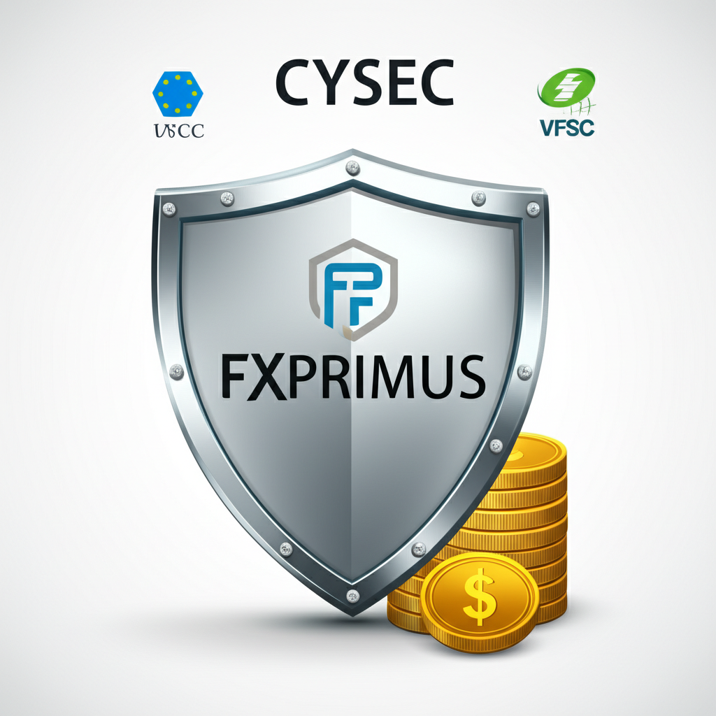 illustration of a shield protecting money with logos of CySEC and VFSC symbolizing strong financial regulation for FXPRIMUS