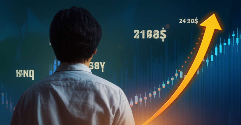 illustration person watching a stock chart growth long term Thai stock market symbols economic recovery background