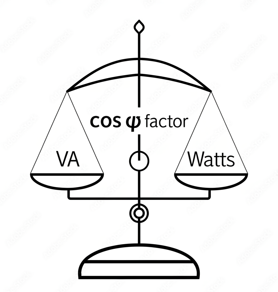 Balance scale comparing VA and Watts with power factor