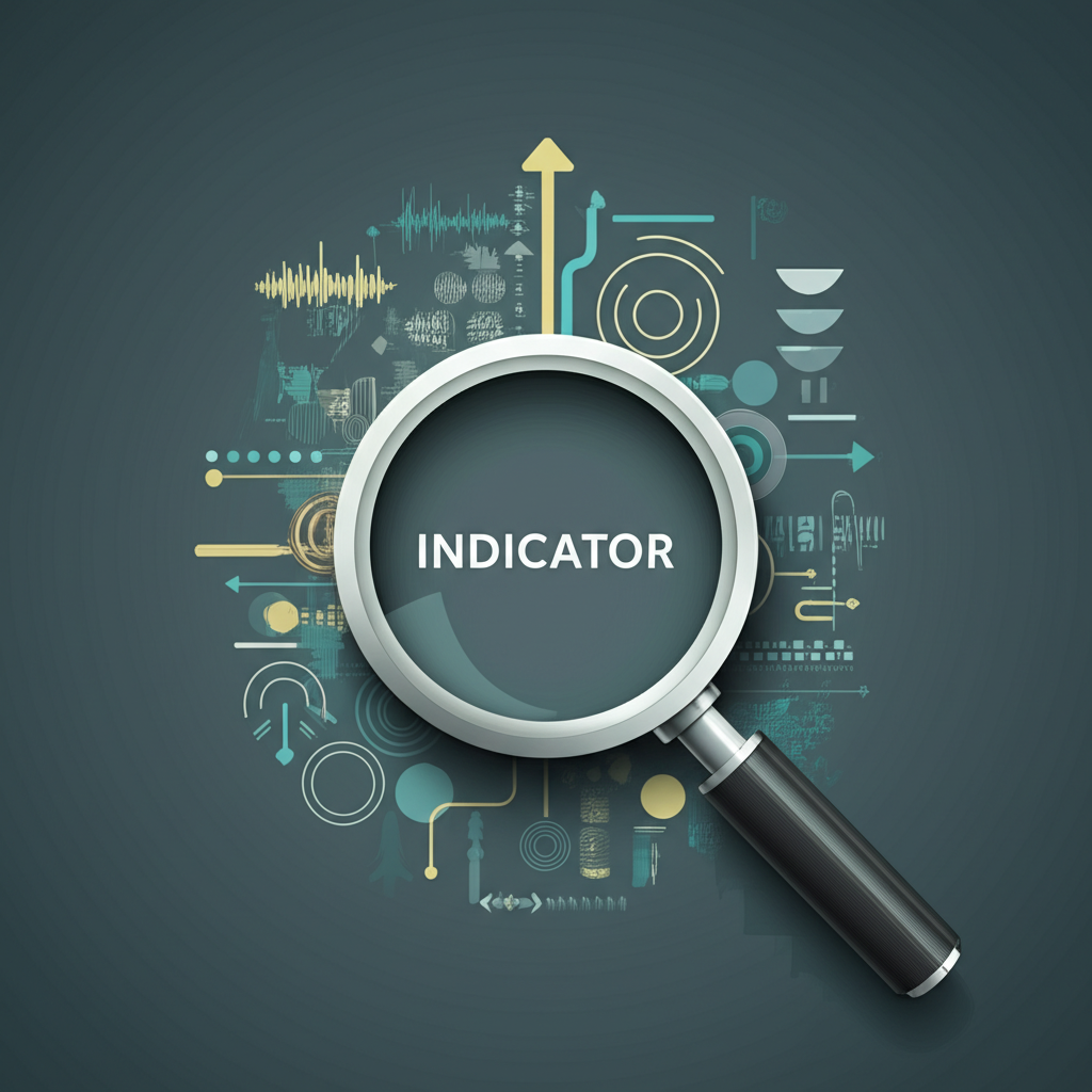 ภาพประกอบแว่นขยายที่กำลังตรวจสอบคำว่า Indicator พร้อมสัญลักษณ์นามธรรมต่างๆ ของสัญญาณและตัวบ่งชี้