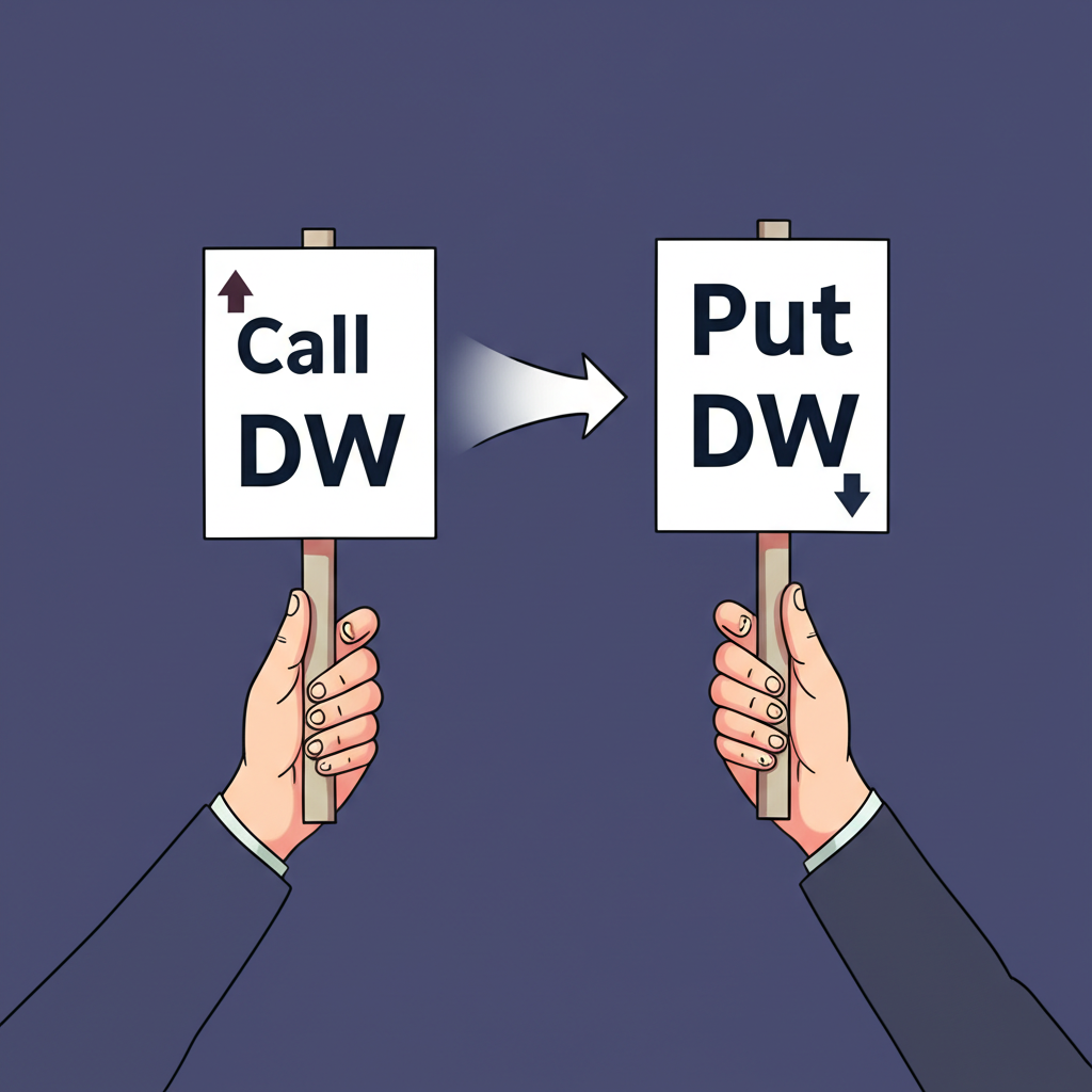 Two hands holding Call DW for upward market and Put DW for downward market illustration style