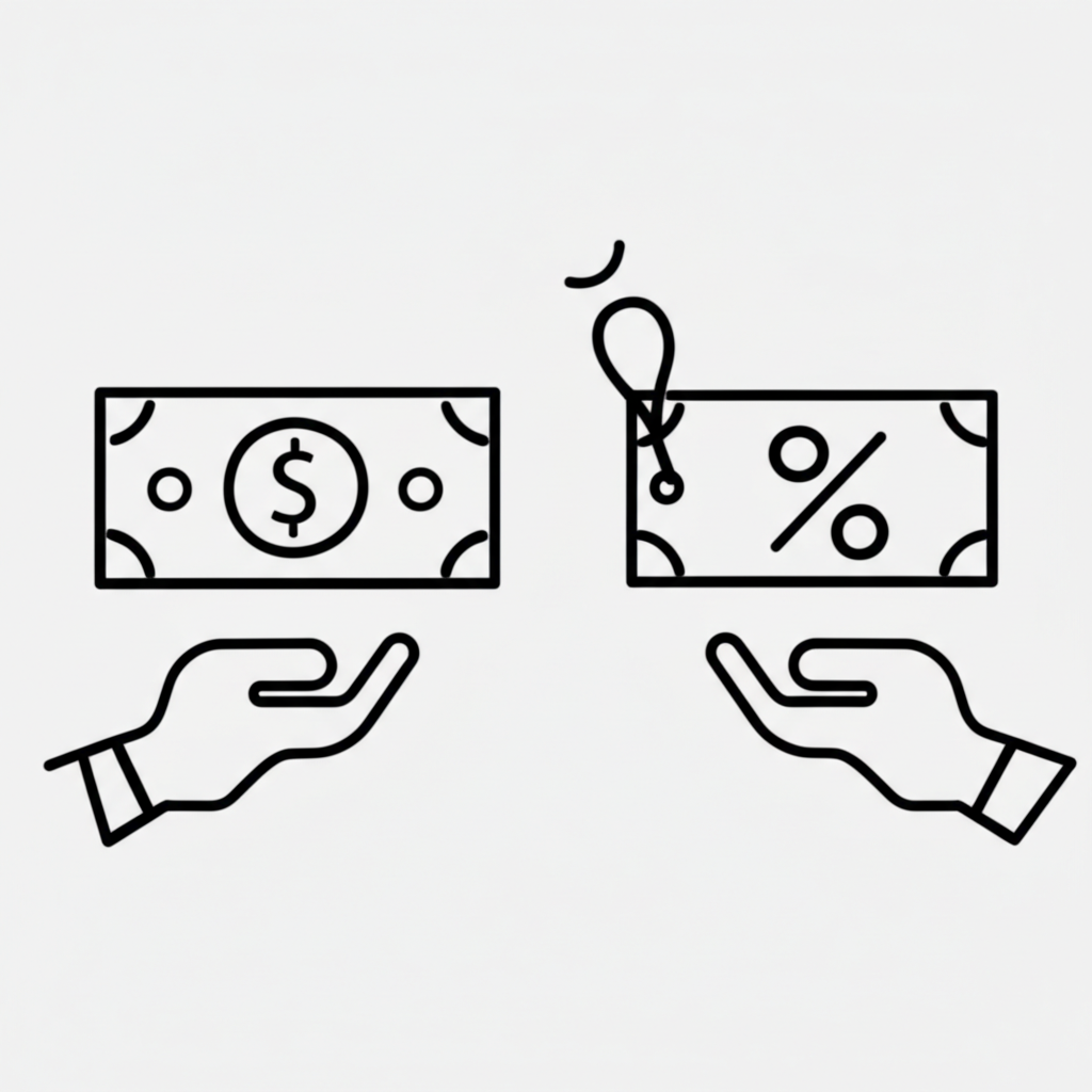 Two hands holding cash for cashback rebate one hand showing price discount for forex trading