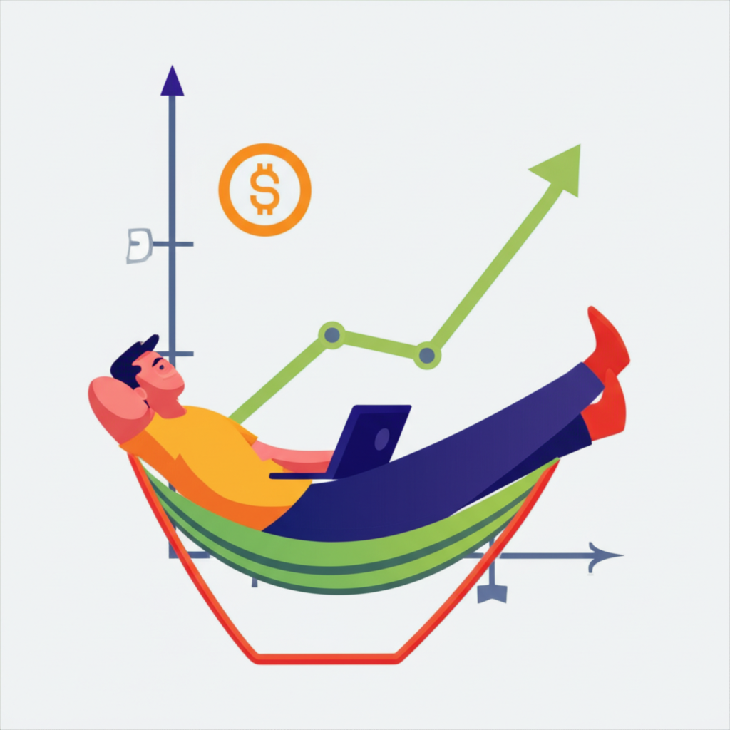 Illustration of a busy person relaxing while a graph shows passive income growing through copy trade