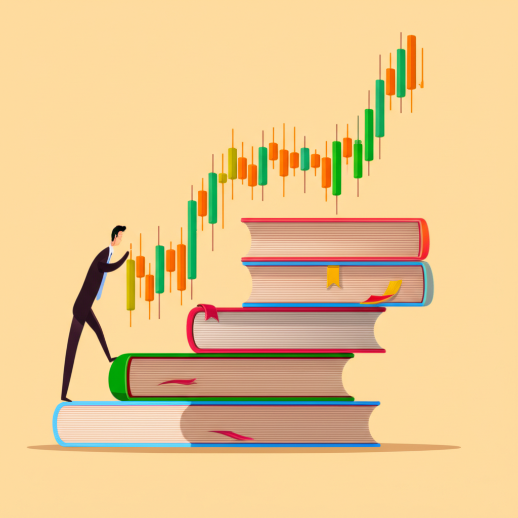 illustration of a person building a strong foundation of knowledge with books and a forex chart