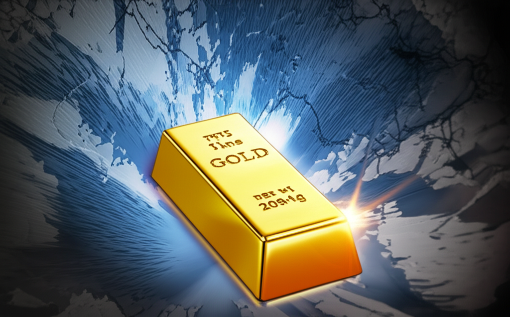 Shining gold bar in stormy financial market as safe haven