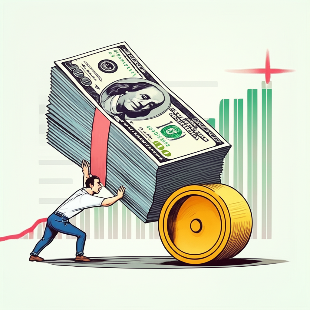 Illustration of a small trader using a giant leverage lever to lift a large stack of money in forex trading