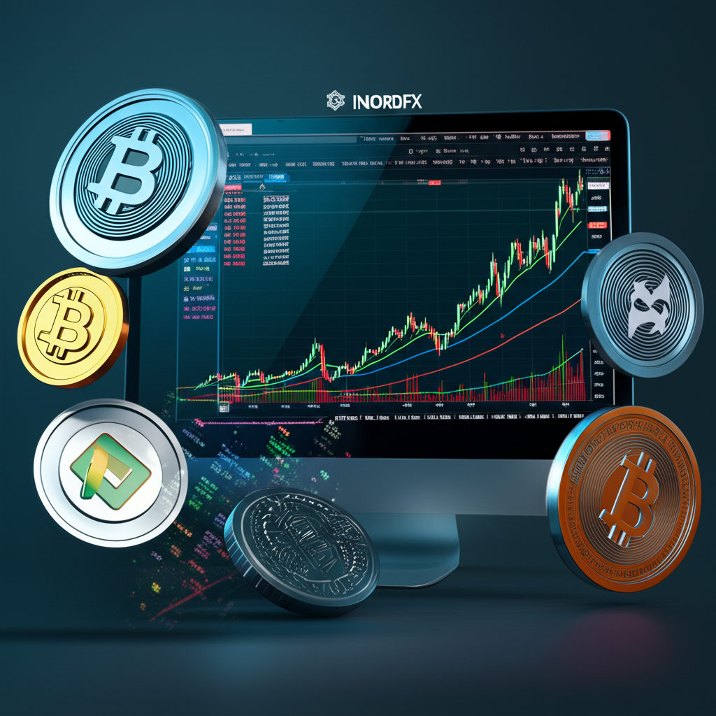 An illustration of diverse trading products including forex crypto gold and stock charts on a NordFX trading screen