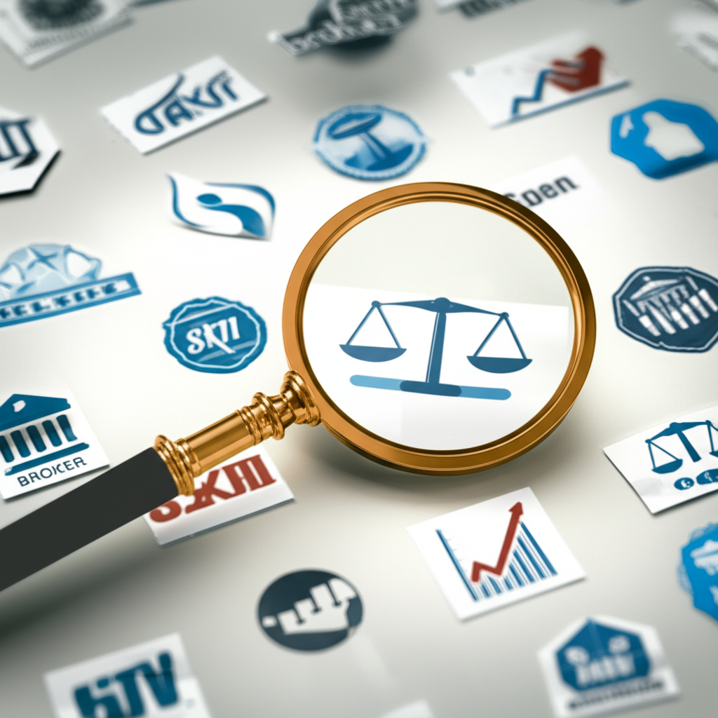 Illustration of a magnifying glass examining various broker logos and financial regulations symbols