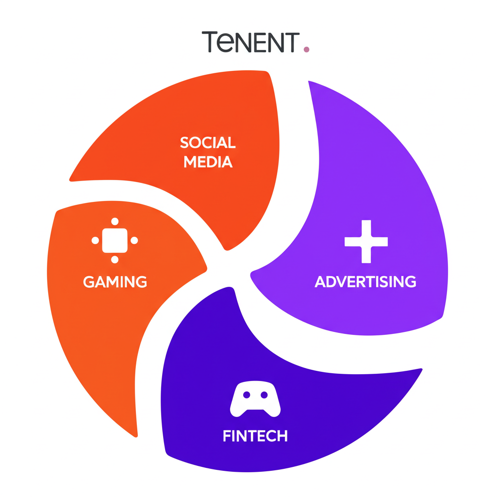Illustration of four core Tencent business pillars: gaming, social media, fintech, and advertising supporting each other