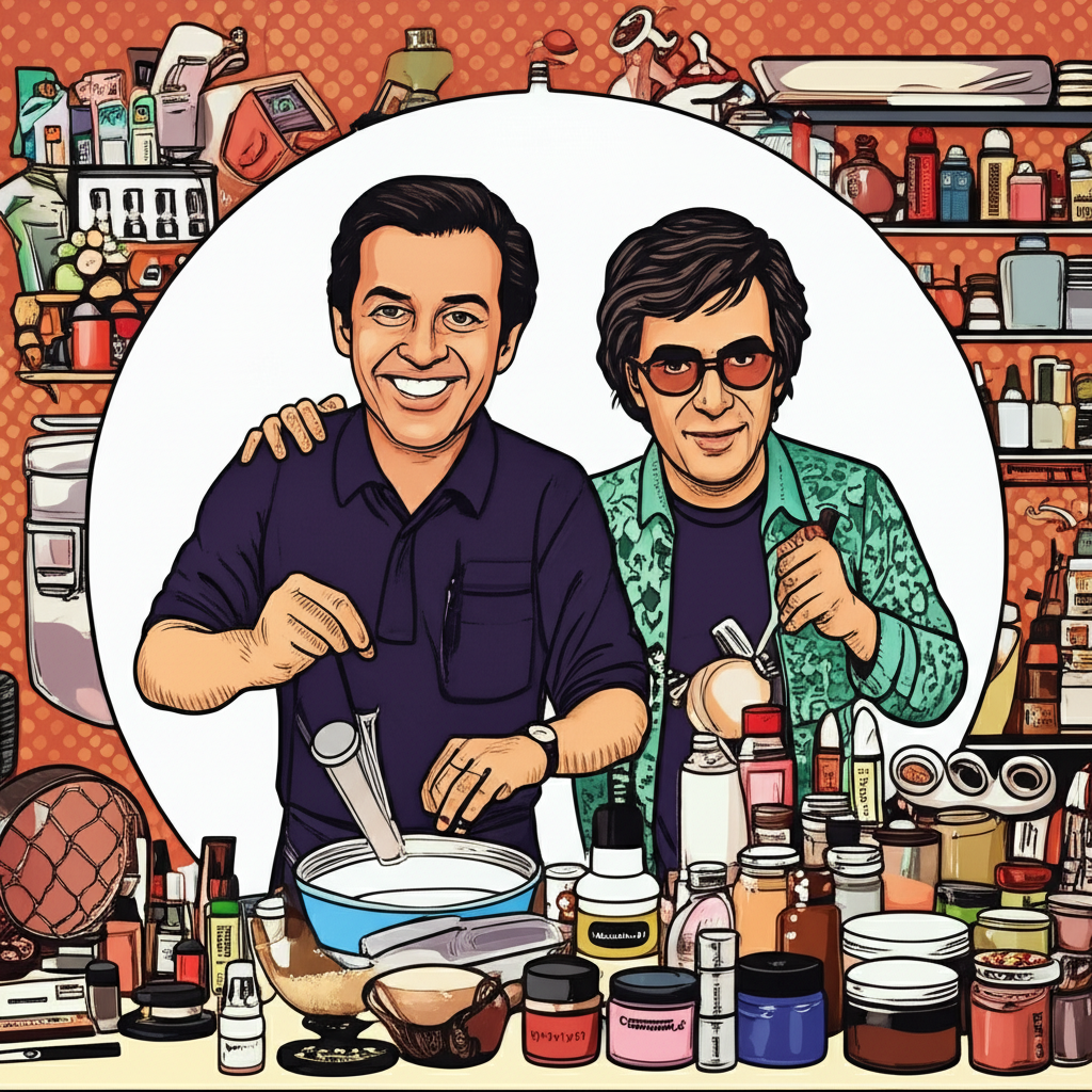 Frank Toskan and Frank Angelo creating vibrant long-lasting makeup in a Toronto kitchen 1984 illustration style