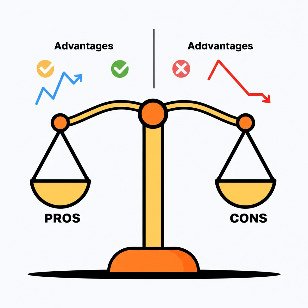 An illustration showing a balanced view of LandFX pros and cons for Thai traders with charts and scales