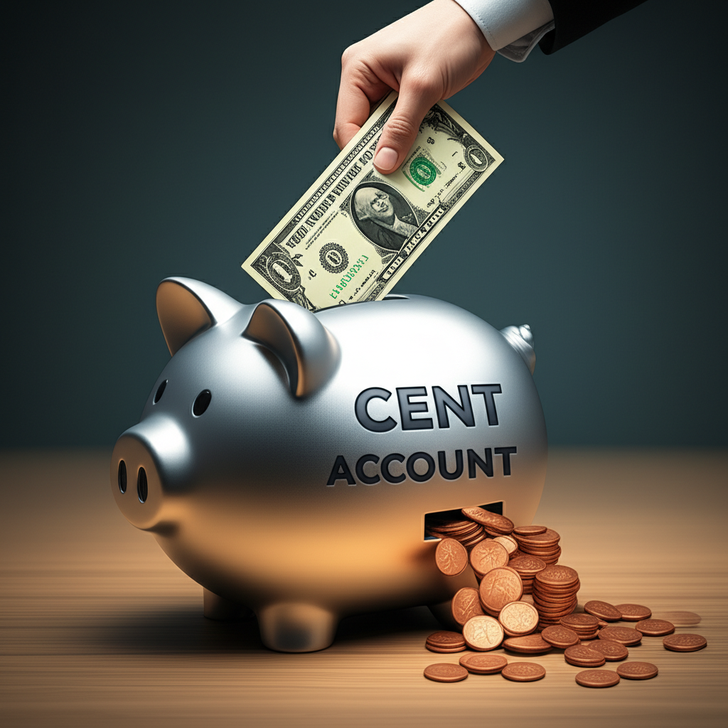 Hand depositing dollar bills into cent account showing conversion to cent coins
