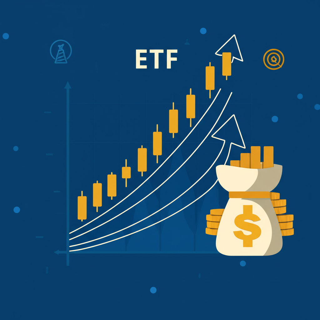 illustration showing ETF as a hybrid of a stock market chart and a mutual fund symbol representing diversification and low fees