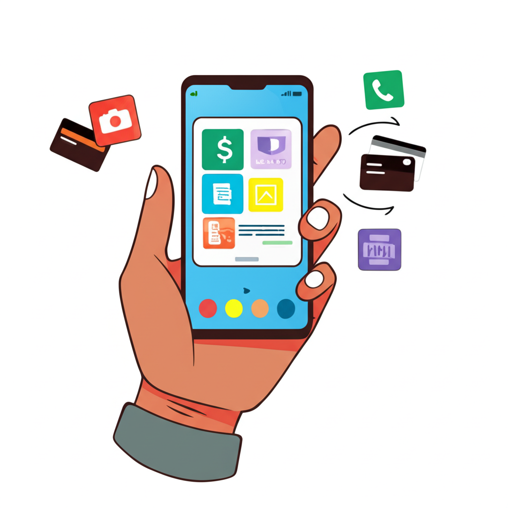 Illustration of a person quickly managing money on various digital platforms with a smartphone in hand representing fast transactions