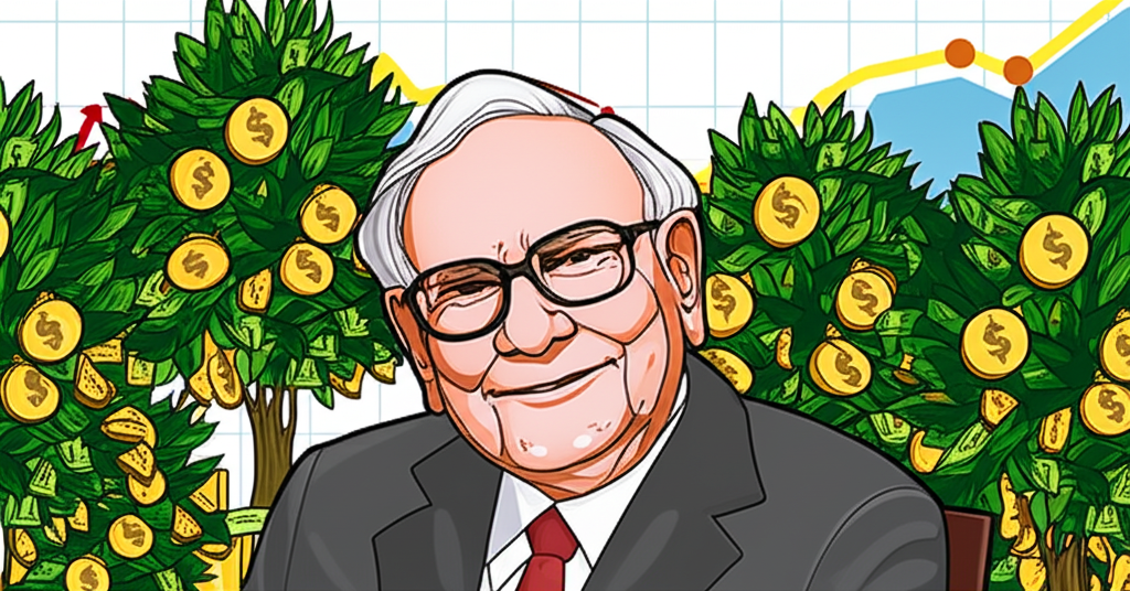 illustration of a wise Warren Buffett smiling surrounded by growing money trees and stock charts symbolizing long term wealth
