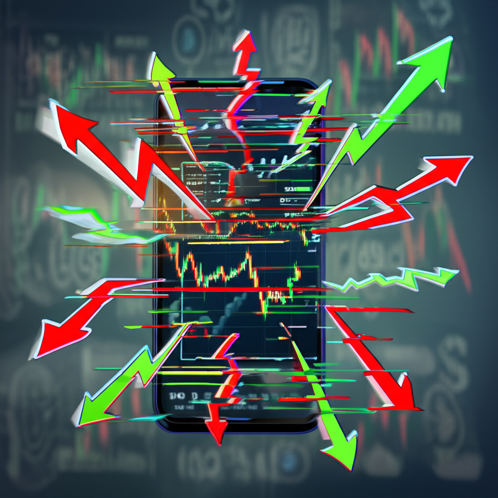 Illustration of high market volatility low liquidity weak internet symbols around trading platform