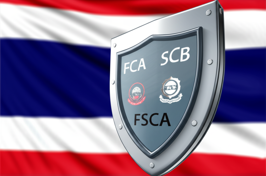 ภาพประกอบโล่ป้องกันพร้อมโลโก้ FCA SCB FSCA คุ้มครองกองเงินและธงชาติไทยในพื้นหลัง
